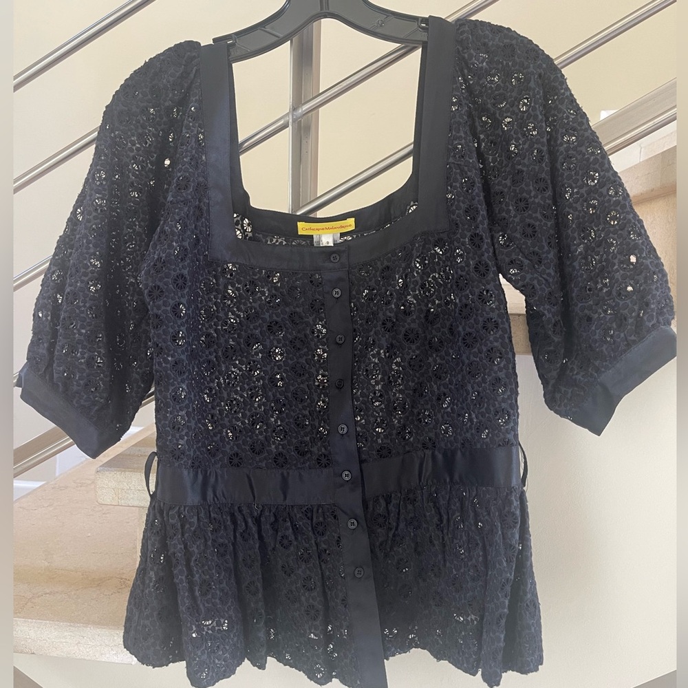 VINTAGE CATHERINE MALANDRINO BLACK LACE TOP